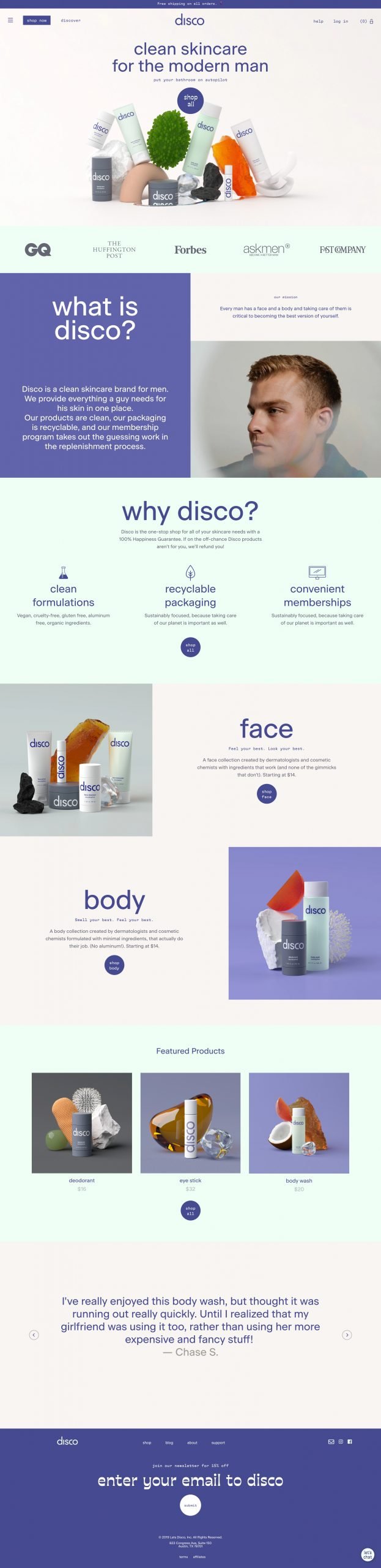 letsdisco.co – A Clean Skincare Brand’s Website for Men - Home Page